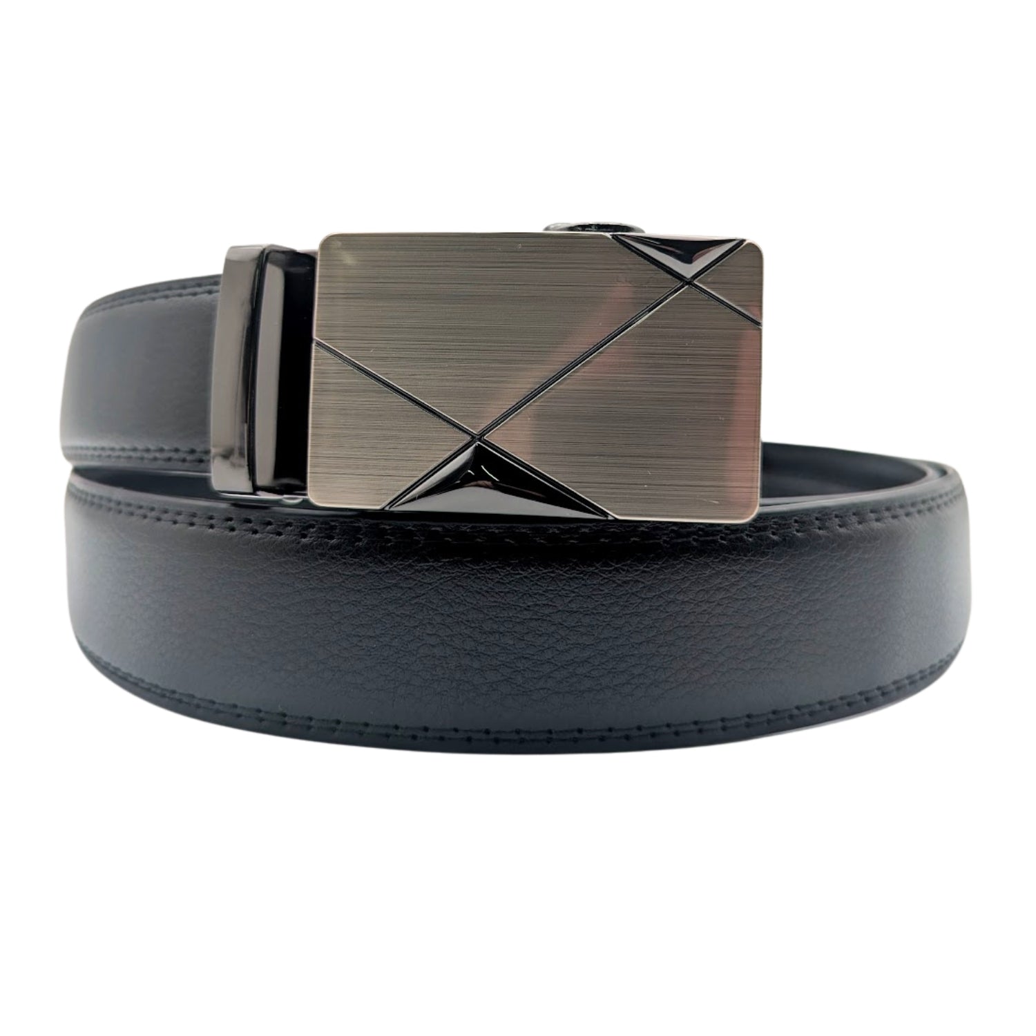 Men's black genuine leather ratchet belt with geometric plaque buckle