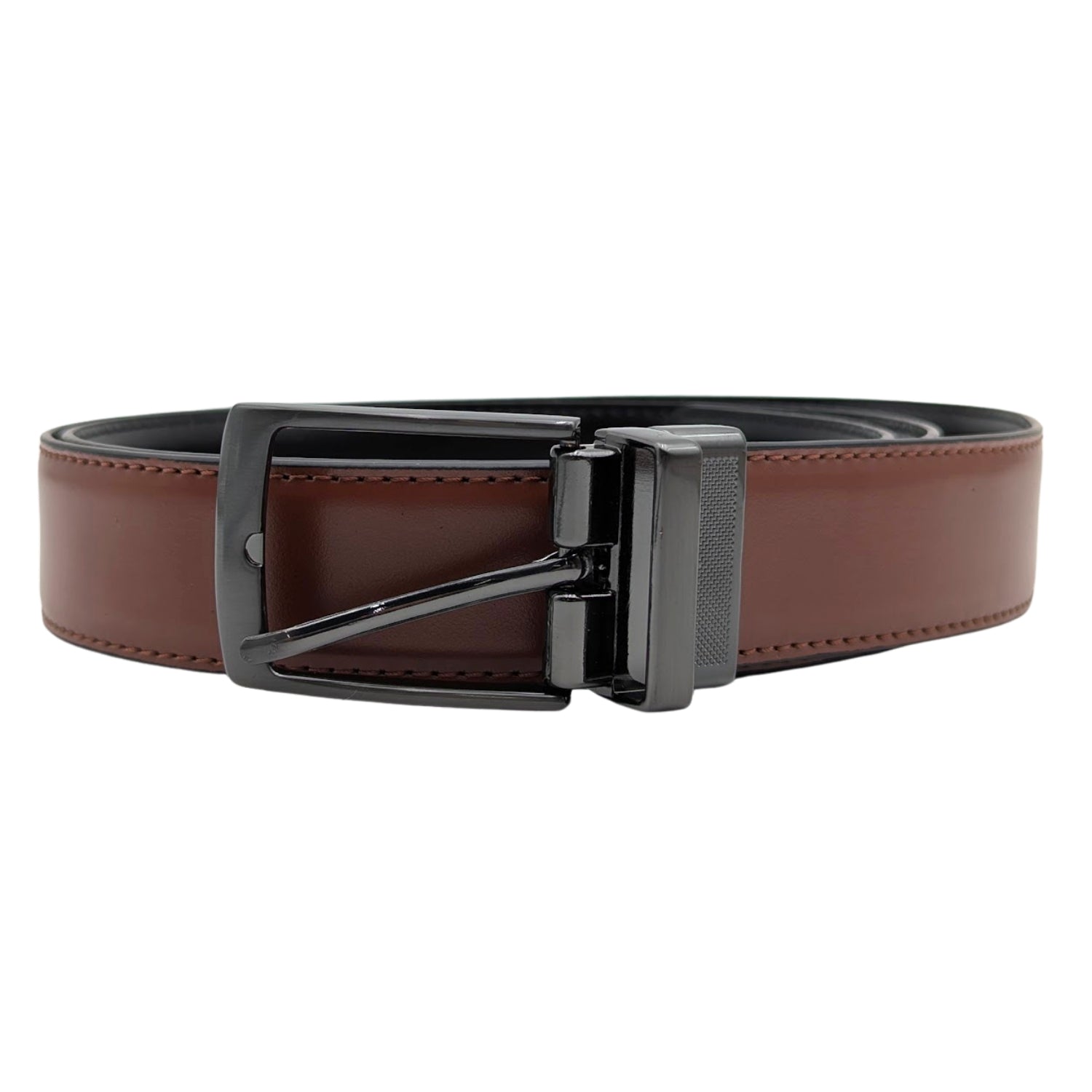 Men's cognac leather belt with dark gunmetal buckle