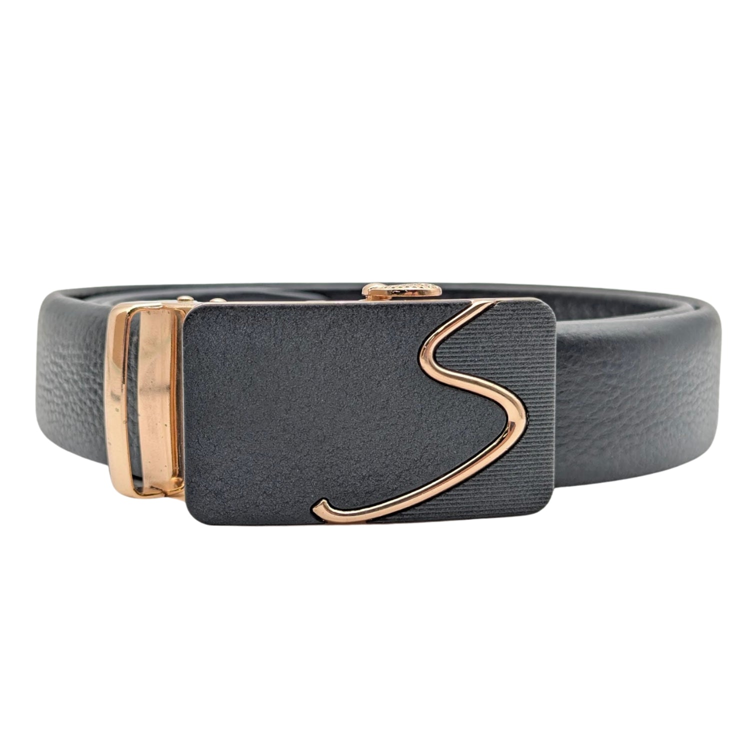Men's black genuine leather ratchet belt with rose gold-tone swirl buckle