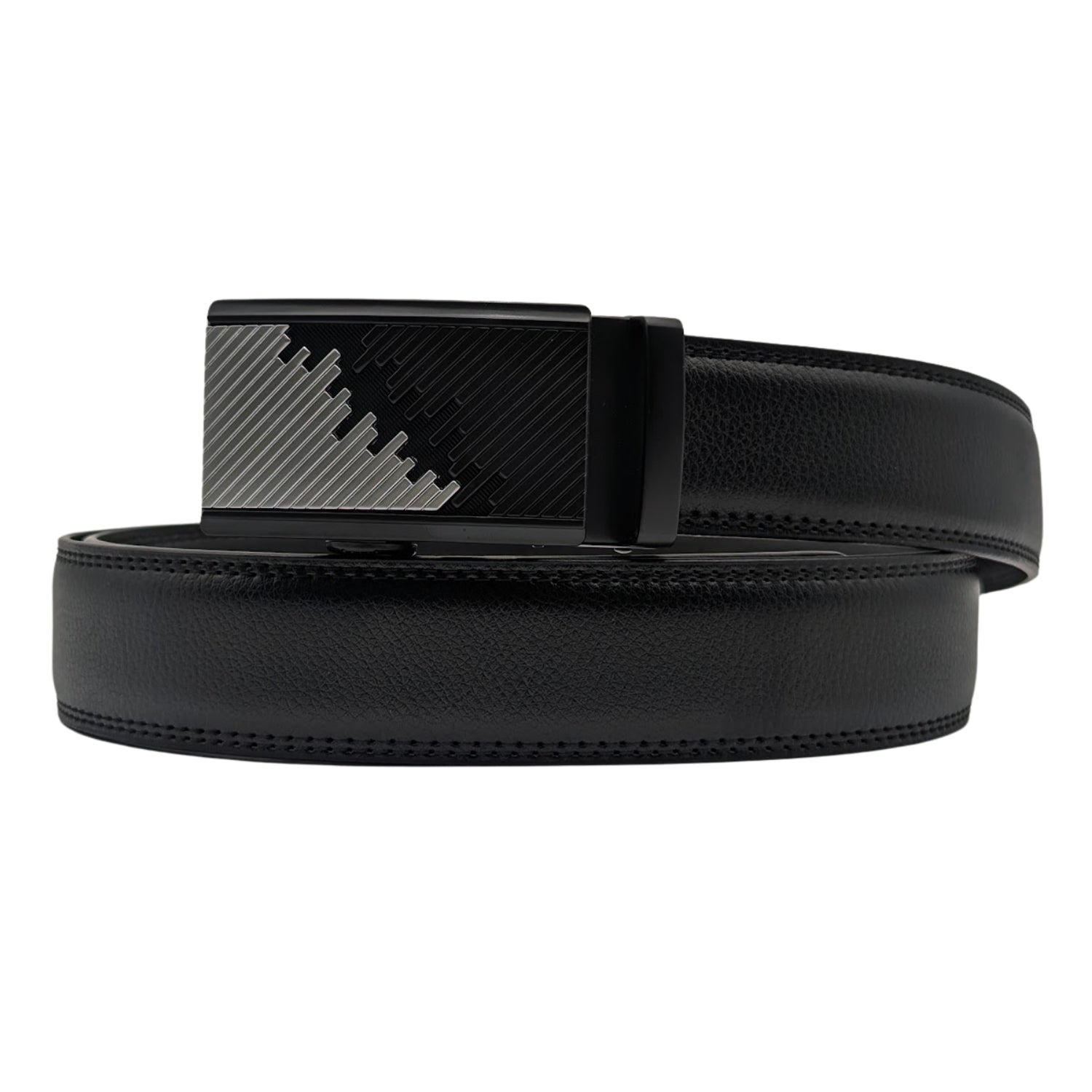 Men's black genuine leather ratchet belt with geometric plaque buckle