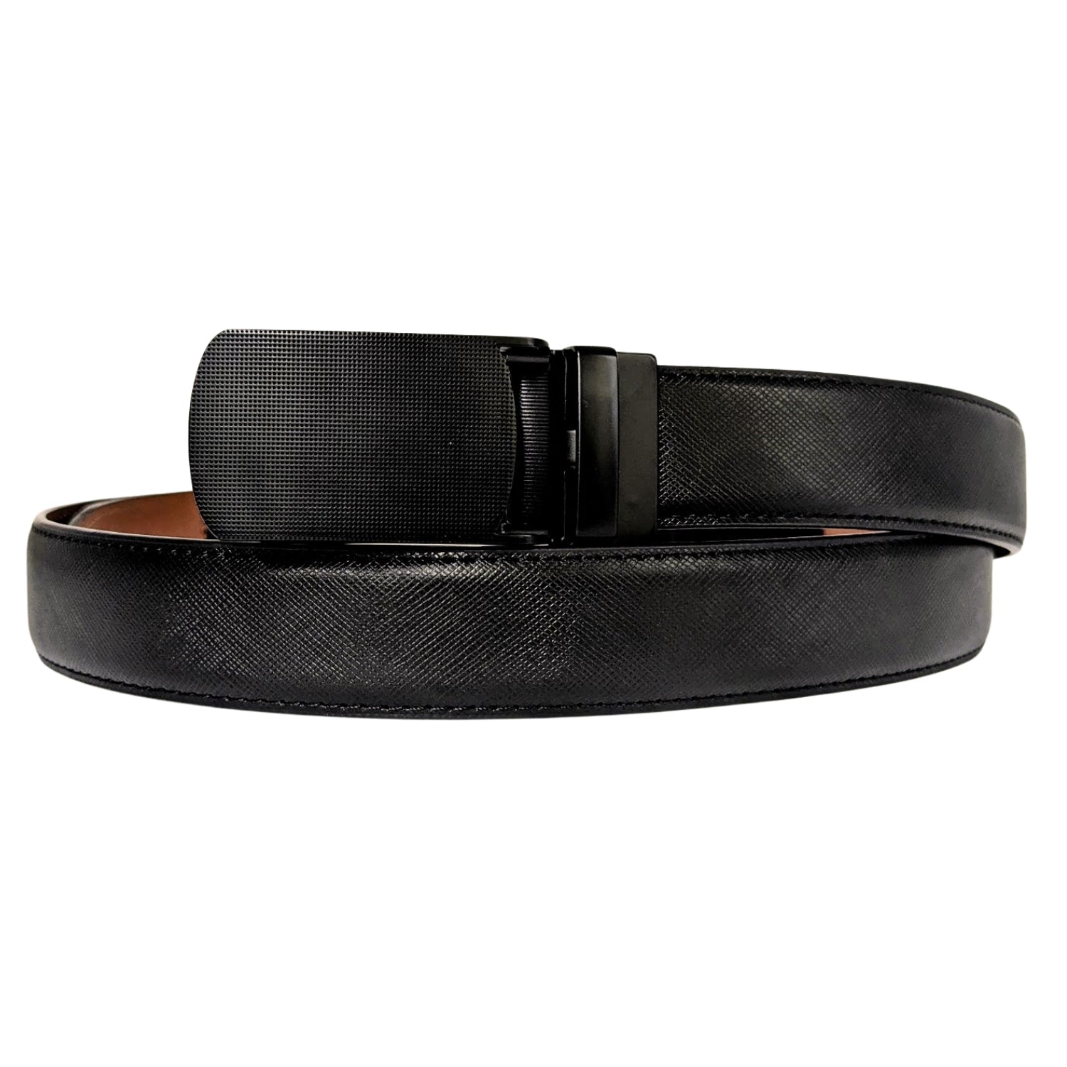 Men's black genuine leather ratchet belt with black textured plaque buckle