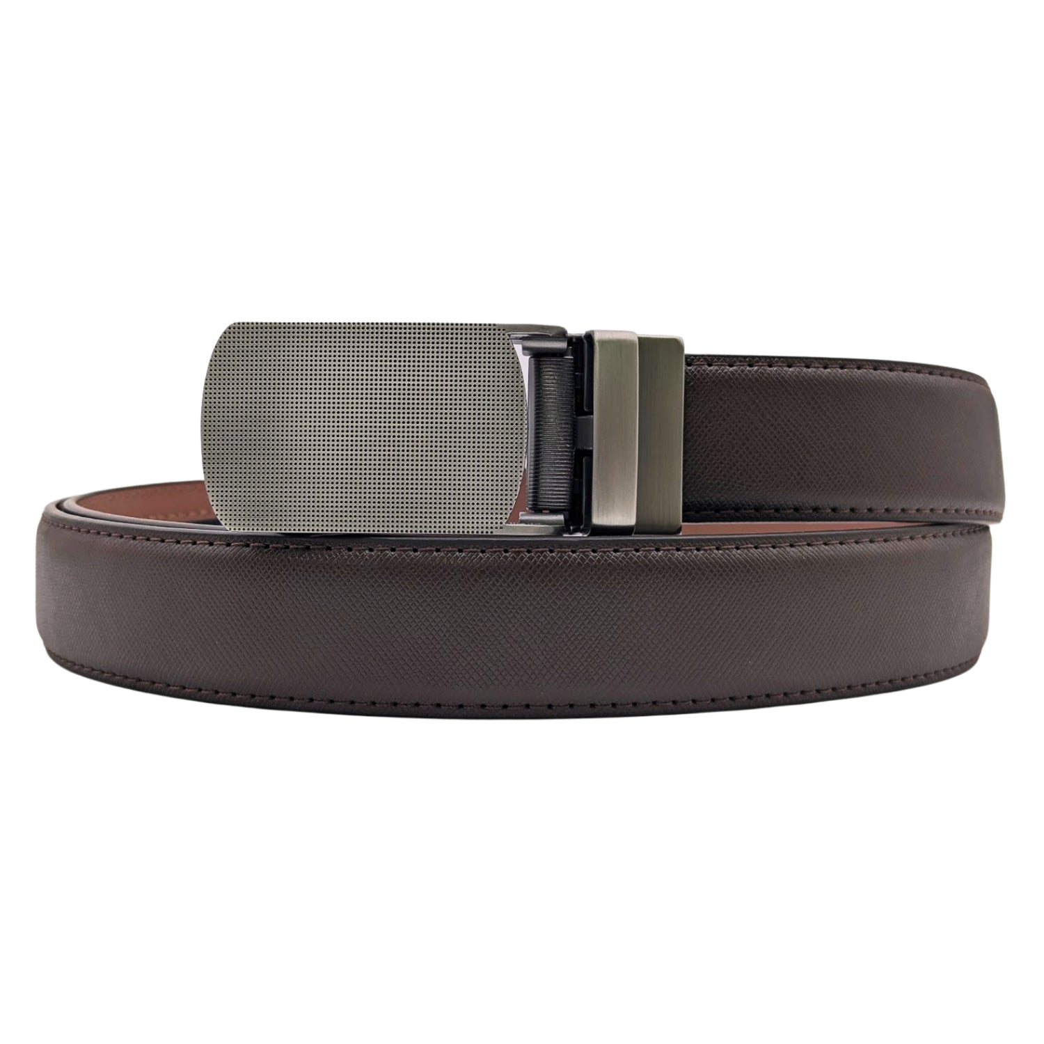Men's brown genuine leather ratchet belt with grey textured plaque buckle