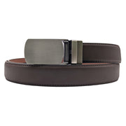 Men's Genuine Leather Ratchet Belt with Removeable Textured Grey Buckle - Brown
