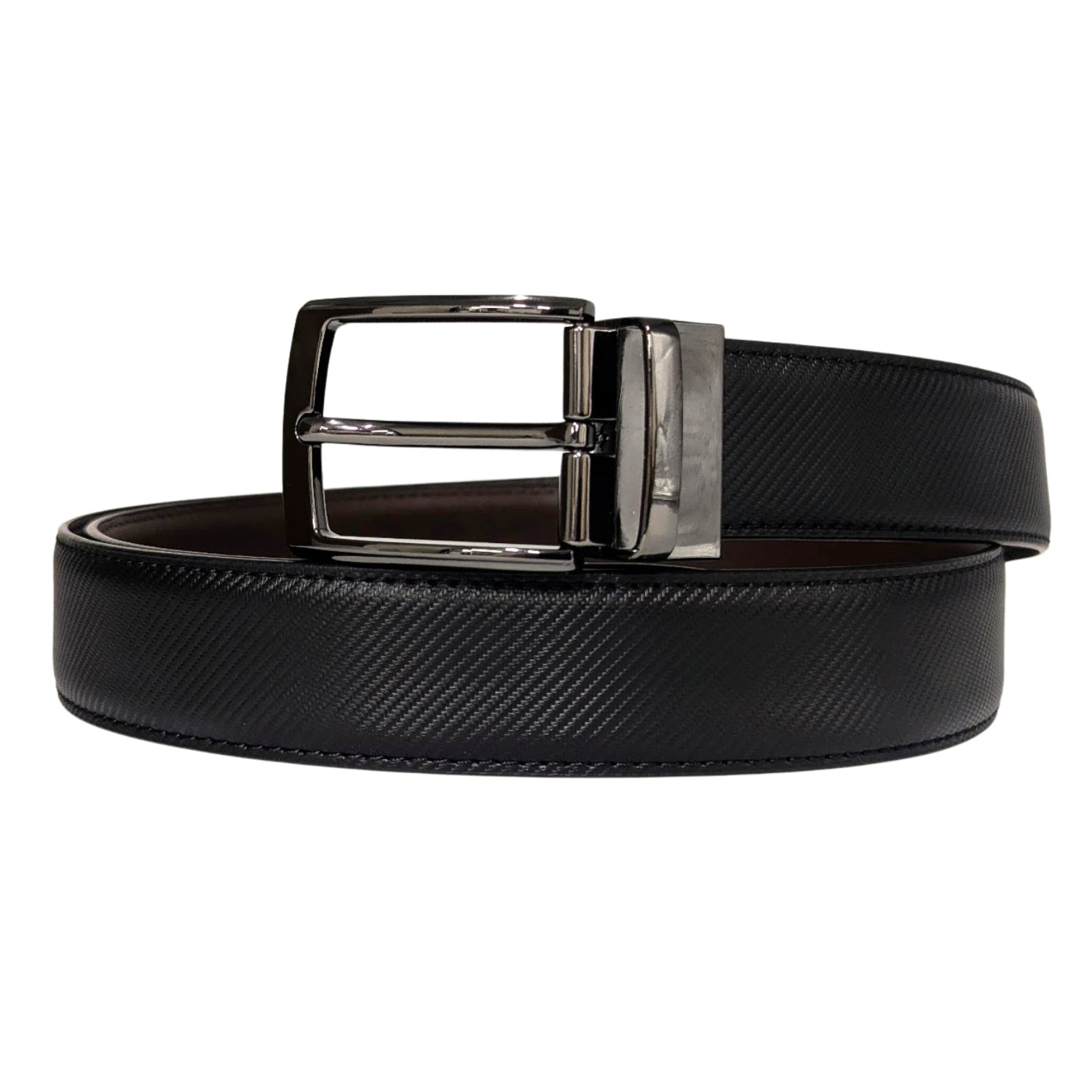 Men's black twill-weave genuine leather belt with gunmetal buckle