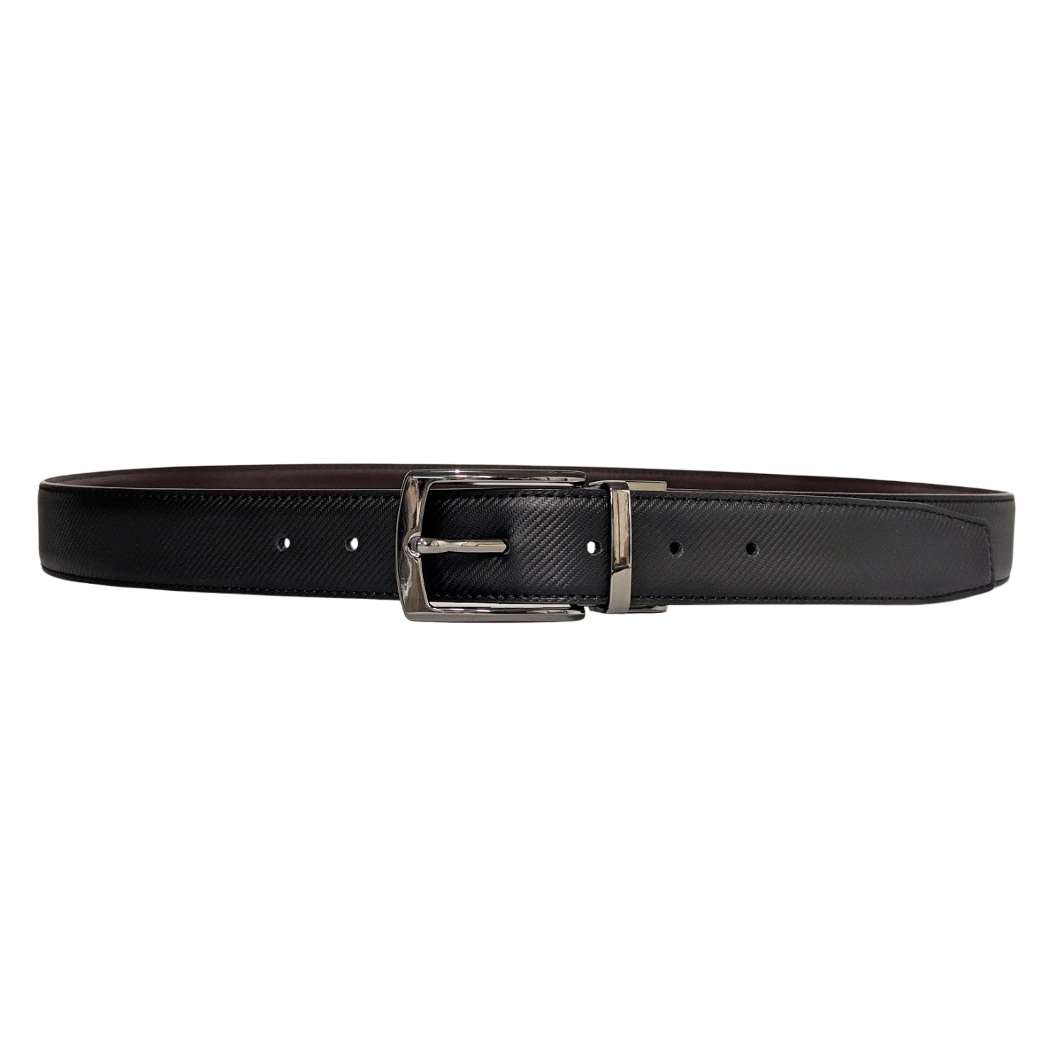 Men's black textured leather belt with single-prong gunmetal buckle shown full length