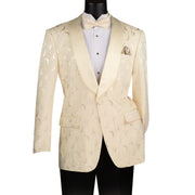 Men's Light Champagne Floral Jacquard Blazer with Satin Shawl Lapel and Bow Tie