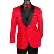 Men's Red Floral Jacquard Blazer with Satin Shawl Lapel and Bow Tie