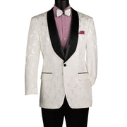 Men's White Floral Jacquard Blazer with Satin Shawl Lapel and Bow Tie
