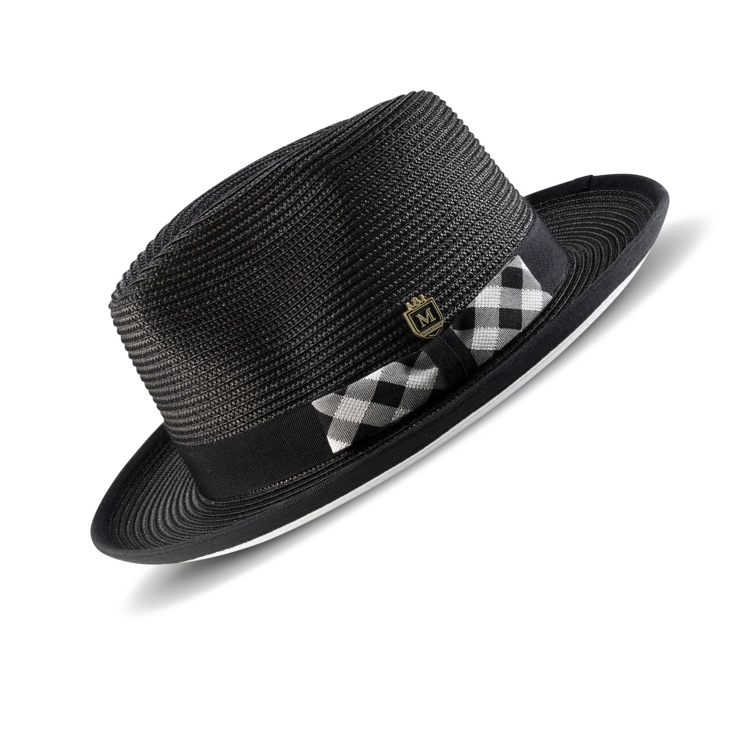 angled view dress fedora black and white contrast