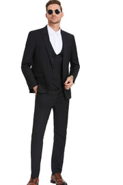 3-Piece Slim Fit Solid Suit with Peak Lapel Vest - Black