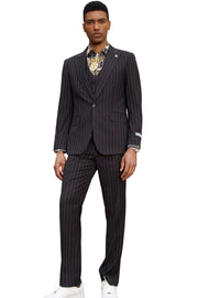 Pinstripe 3-Piece Hybrid Fit Suit with Reversible Vest - Black