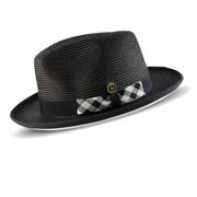 Black White Bottom Fedora Dress Hat with Plaid Grosgrain Ribbon Pinch Crown