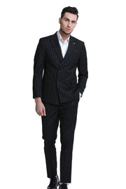 2-Piece Slim Fit Double Breasted Pin Stripe Suit - Black