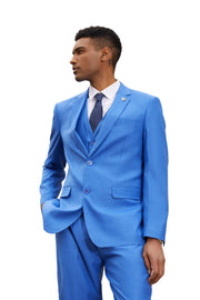 Textured 3-Piece Hybrid Fit Suit with Four-Button Vest - Blue