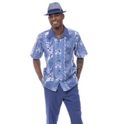 Blue Botanical Print Short Sleeve Walking Suit Set - Classic Fit