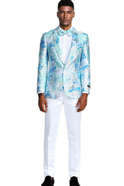 Floral Shawl Collar Single-Breasted Blazer with Bow Tie - Blue