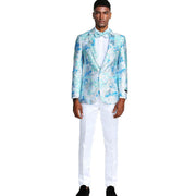 Floral Shawl Collar Single-Breasted Blazer with Bow Tie - Blue by Tazzio