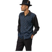 Men’s Black Blue Pattern Walking Suit – 2 Piece Long Sleeve Set