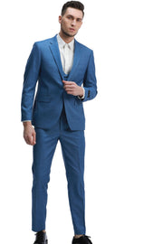 Men’s 3-Piece Slim Fit Textured Suit with Satin Peak Lapel - Blue