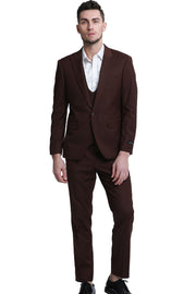 3-Piece Slim Fit Solid Suit with Peak Lapel Vest - Brown