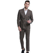 2-Piece Skinny Fit Double Breasted Plaid Suit - Brown by Tazzio