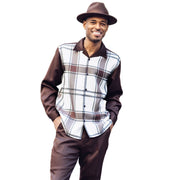 Men’s Brown Plaid Long Sleeve Walking Suit – 2 Piece Set
