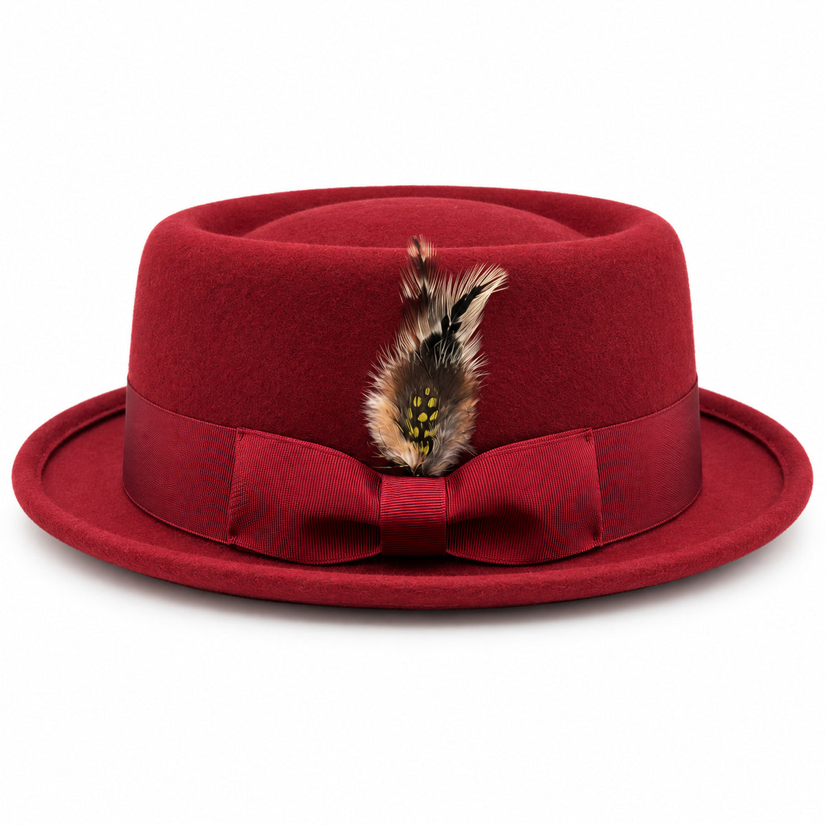 burgundy pork pie wool felt hat by Montique side view with tonal grosgrain band and rolled brim
