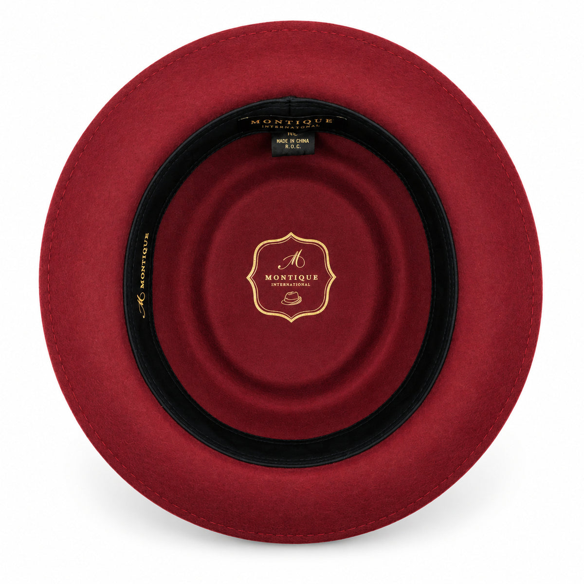 burgundy pork pie wool felt hat by Montique interior view with branded lining and black sweatband