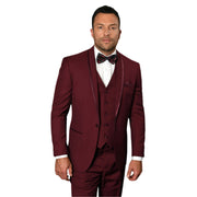3-Piece Burgundy Tuxedo with Bow Tie and Flat Front Pants - Burgundy