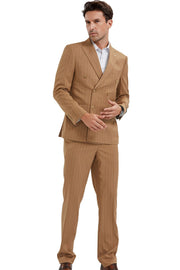 2-Piece Slim Fit Double Breasted Pin Stripe Suit - Camel
