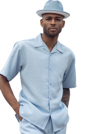 Men's 2-Piece Checker Tone-on-Tone Short Sleeve Walking Suit Set - Carolina Blue