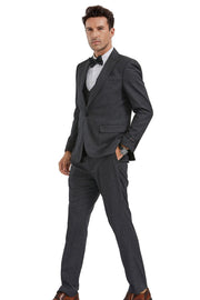 Textured 3-Piece Slim Fit Suit with Double-Breasted Vest - Charcoal