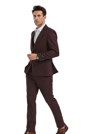 Textured 3-Piece Slim Fit Suit with Double-Breasted Vest - Cherry