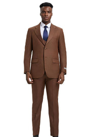 Textured 3-Piece Hybrid Fit Suit with Double-Breasted Vest - Cognac