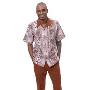 Cognac Botanical Print Short Sleeve Walking Suit Set - Classic Fit
