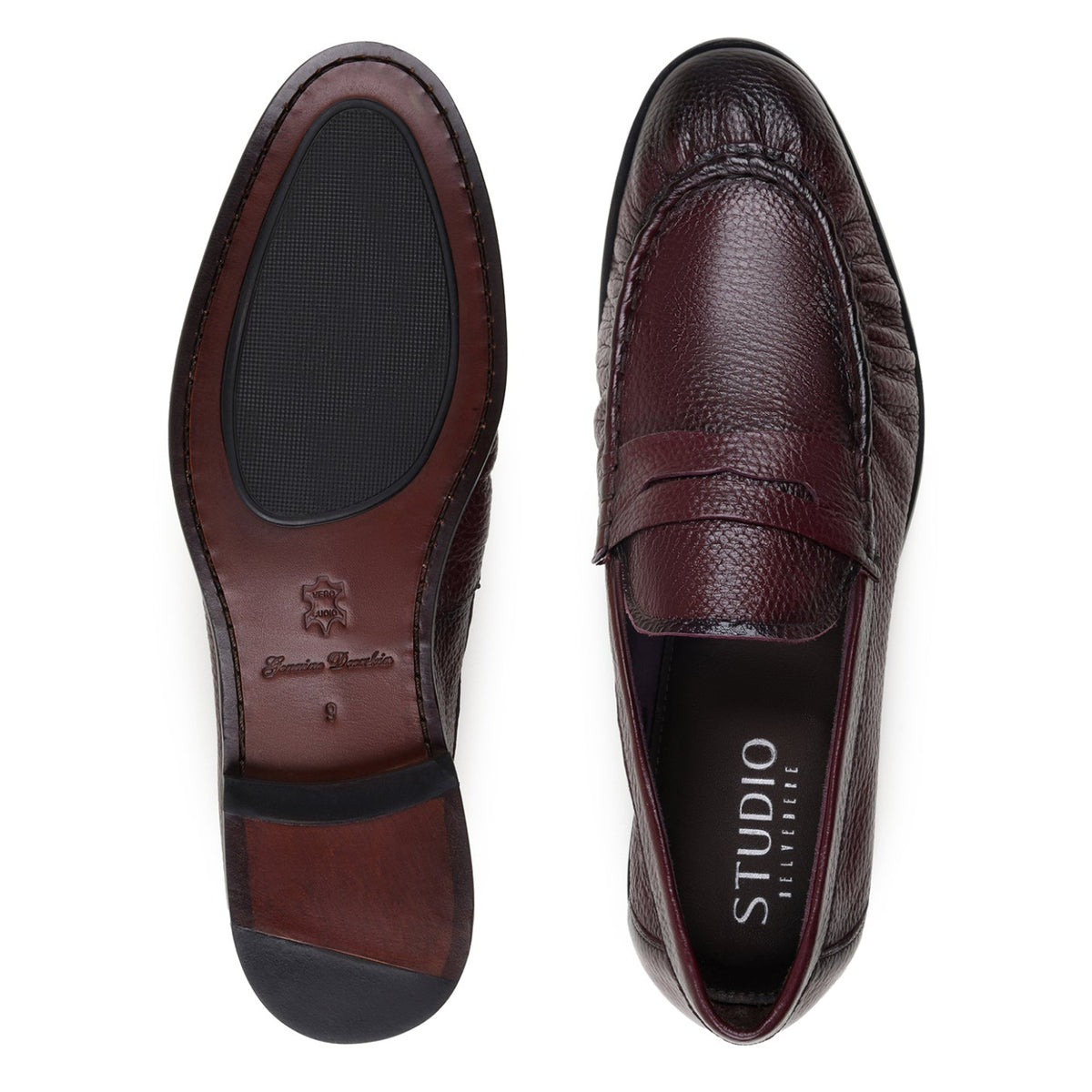 Leather and rubber sole of burgundy Belvedere penny loafer