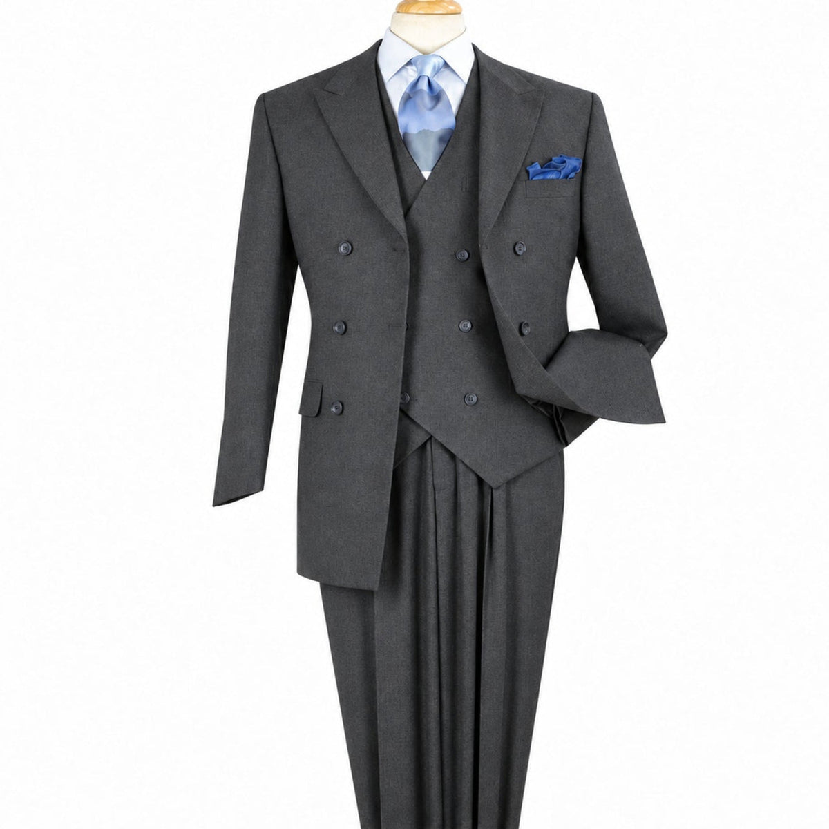 Front view of men’s charcoal Super 150s wool three-piece suit with double-breasted jacket, matching vest and pleated trousers