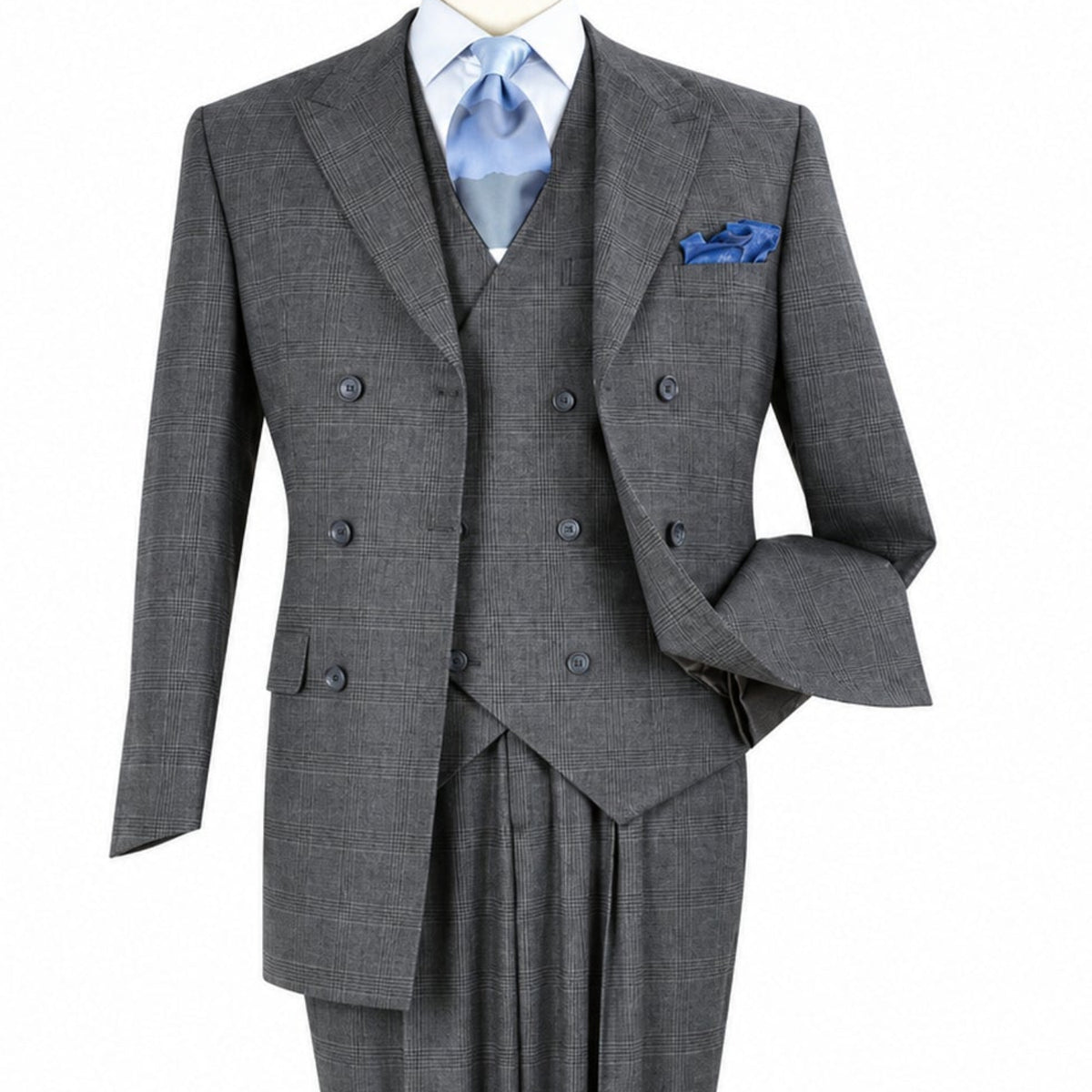 Three-quarter view of men’s grey three-piece double-breasted suit showing the peak lapels, vest and ticket pocket