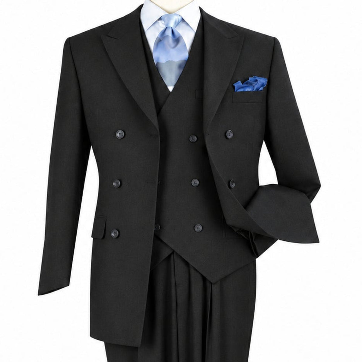 Three-quarter view of men’s black three-piece double-breasted suit showing the peak lapels, vest and ticket pocket