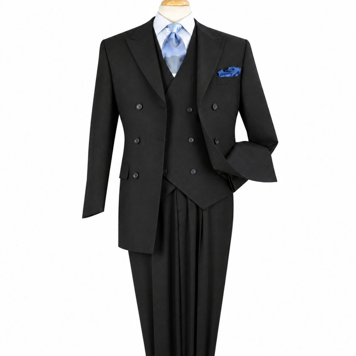 Front view of men’s black Super 150s wool three-piece suit with double-breasted jacket, matching vest and pleated trousers