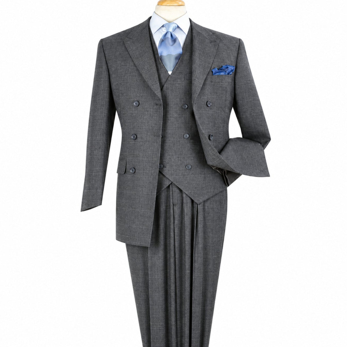 Front view of men’s grey Super 150s wool three-piece suit with double-breasted jacket, matching vest and pleated trousers
