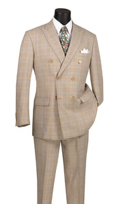 2-Piece Double Breasted Glen Plaid Regular Fit Suit - Beige
