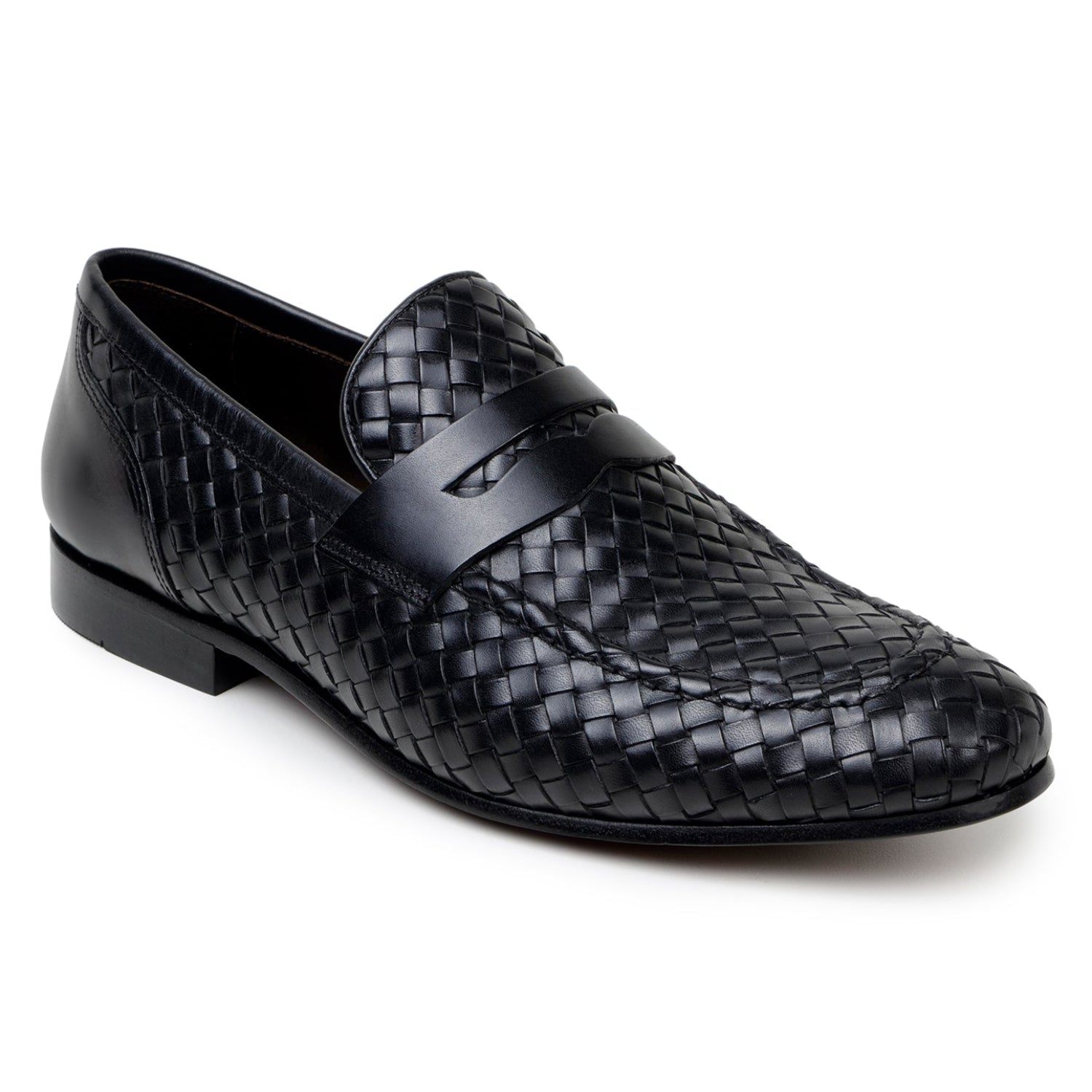 black handwoven calfskin penny loafers