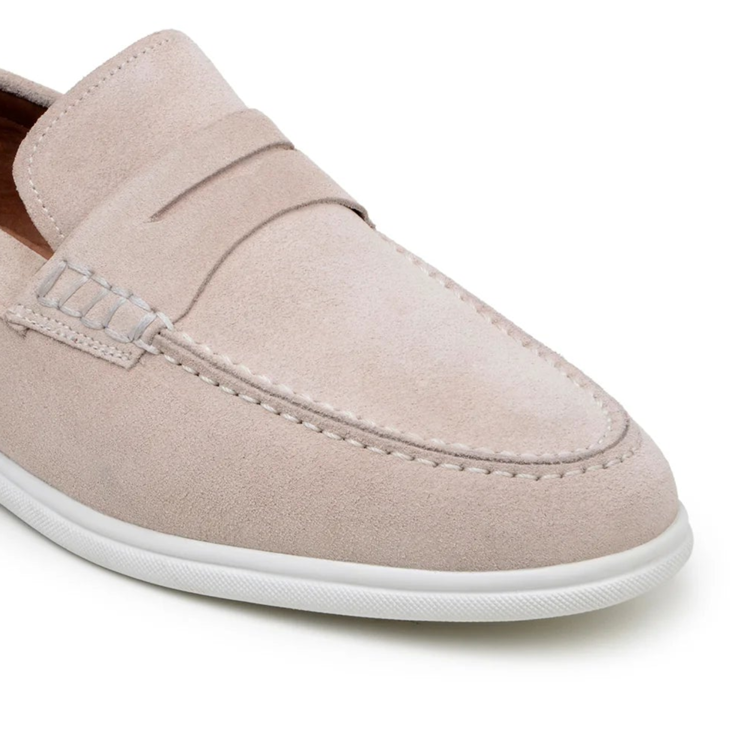 sand suede slip-on penny loafer top and angled view