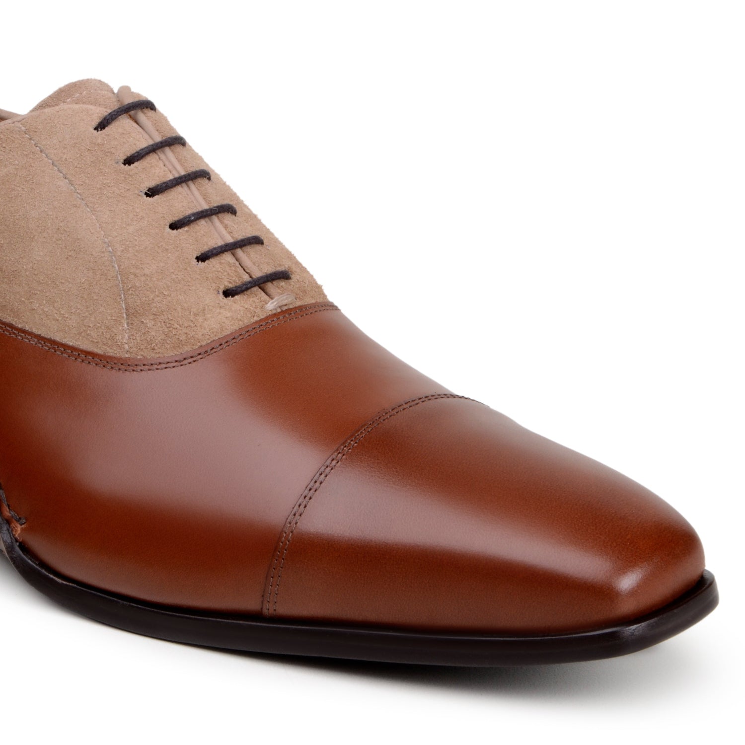 cognac calf leather and oat suede oxford shoe top and side angle