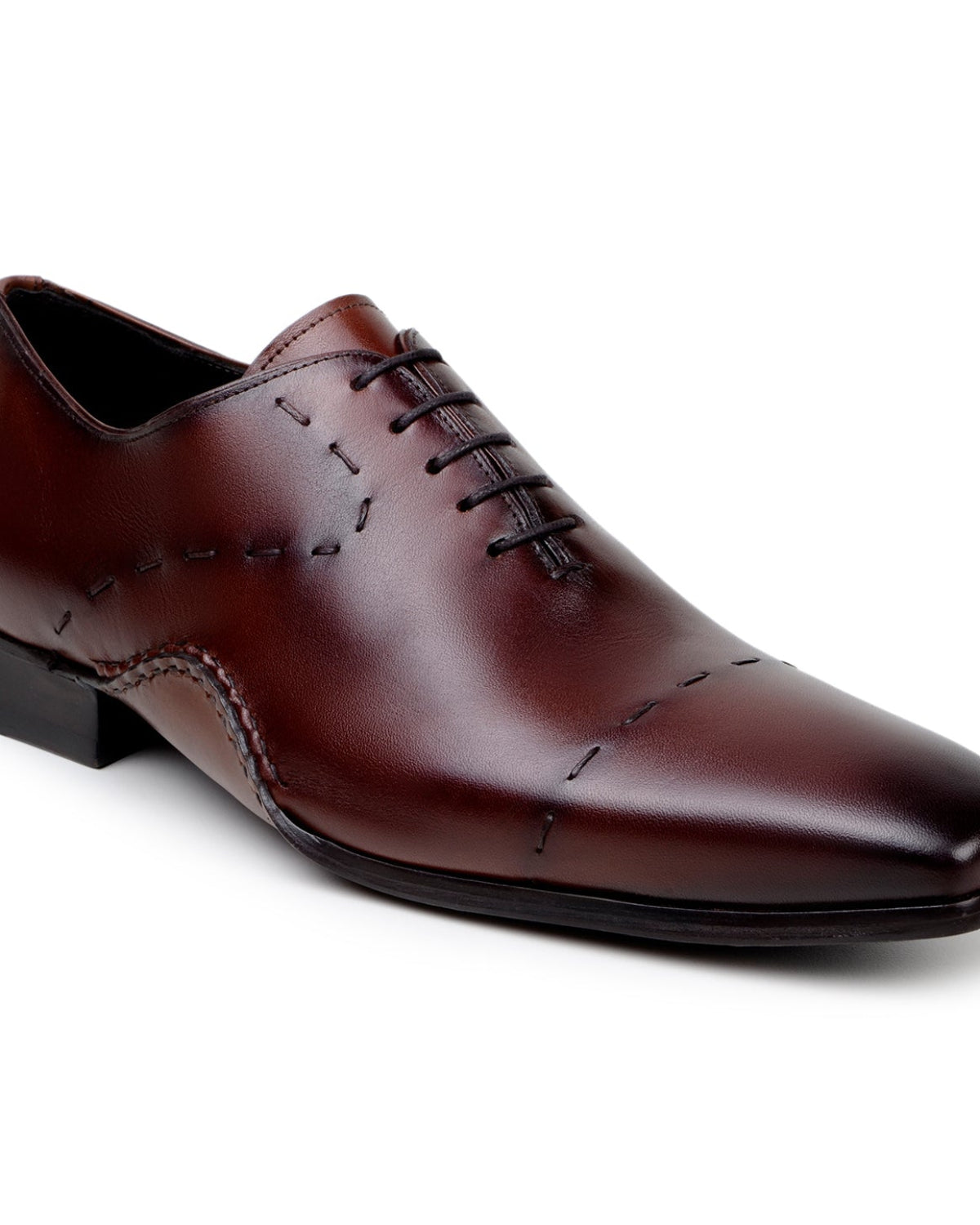 Angled view of antique cognac Italian calf leather Maestro Oxford by Belvedere