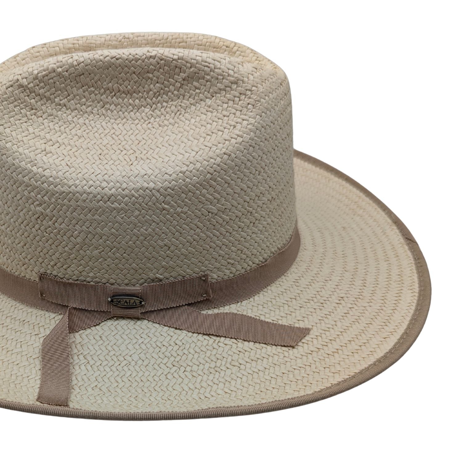 Side profile natural Toyo straw hat with bound brim edge