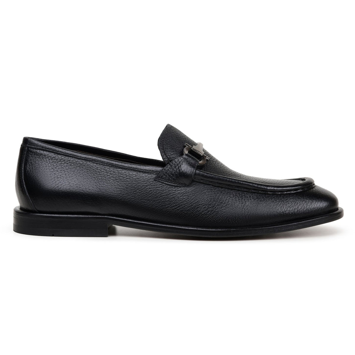 Side view of black Italian deerskin bit loafer