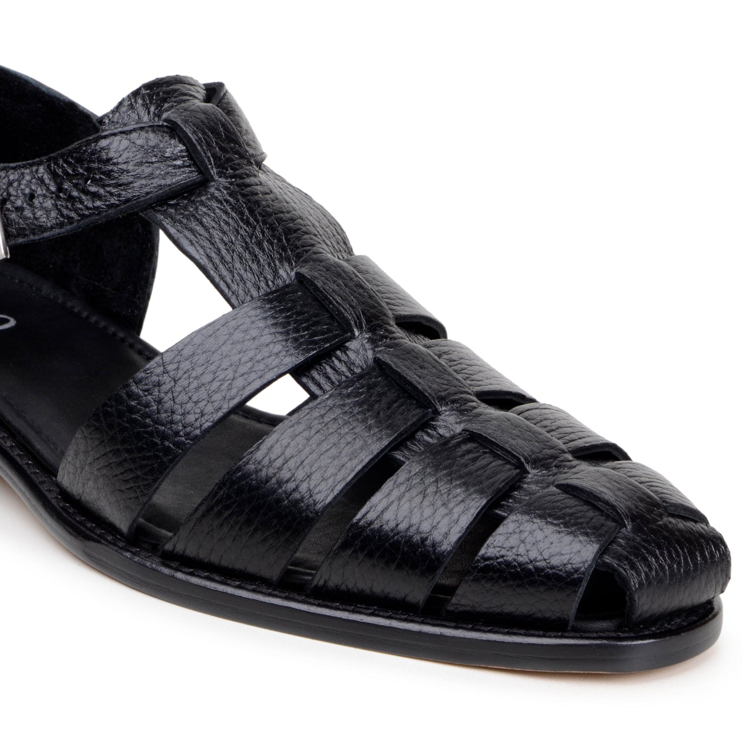 black deerskin leather buckle sandal top and angle view