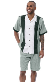 Montique 2 Piece Short Sleeve Houndstooth Color Block Walking Suit Shorts Set - Emerald